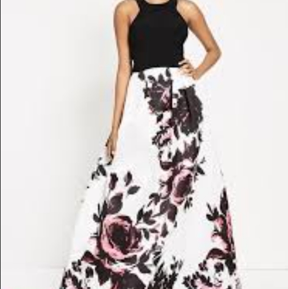 XSCAPE Black White Pink Floral Maxi Dress Size 2 - Picture 3 of 12